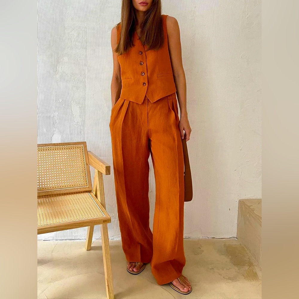 Commense Two-Piece Sleeveless Vest and Wide-Leg Pants Set in Burnt Orange